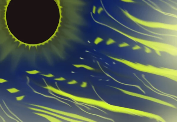 Kozmik mavi bir arka plan, bir fantastik güneş tutulması ve yıldırım, bir ışık