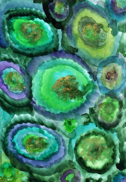 Renkli yeşil bir arka planda, merkezinde altın noktalar olan yeşil ve mavi daireler var..