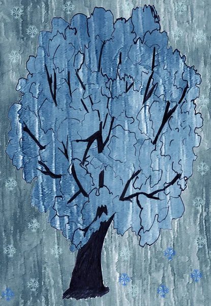 Gri dokulu bir arka plan üzerinde mavi kar taneleri ile güçlü bir taç ile büyük bir boyalı ağaç var. Mavi dokulu bir arka plan ağaç taç vardır.