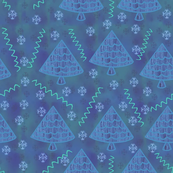 Benekli mavi bir arka plan üzerinde Noel ağaçları ve kar taneleri, yeşil yılan vardır. Bu sorunsuz dokusal bir kalıptır.