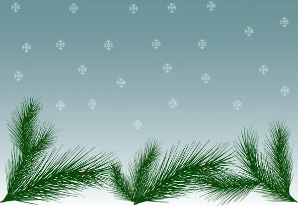 Gray Blue Background Located White Snowflakes Bottom Background Green Branches — Stock Photo, Image