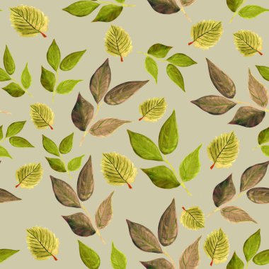 Üzerinde bir açık bej renkli sarı, yeşil ve kahverengi renk sonbahar yaprak suluboya seamless modeli var.