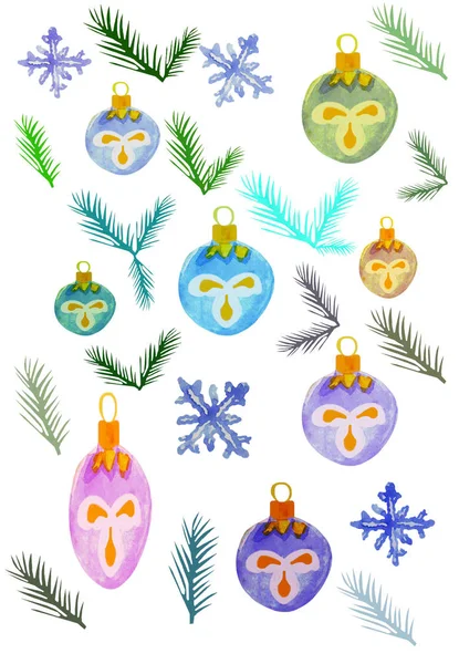 Set Watercolor Christmas Elements Snowflakes Pine Branches Christmas Tree Decorations — Stock Photo, Image