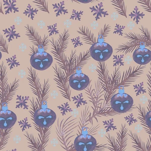 Kibar bej bir arka planda sulu boya, leylak topları, kar taneleri ve çam dallarıyla süslenmiş sulu boya Noel süsü..