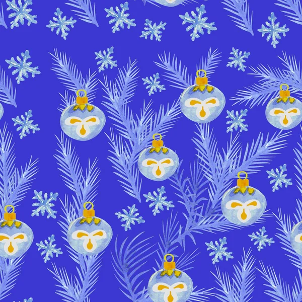 Fundo Azul Brilhante Ornamento Sem Costura Uma Aquarela Decorações Natal — Fotografia de Stock