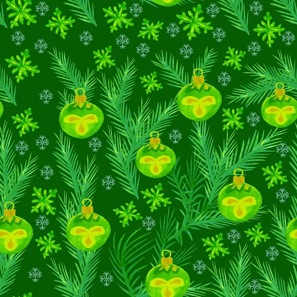 Cenário Natal Verde Brilhante Aquarela Pintada Verde Com Padrão Bolas — Fotografia de Stock