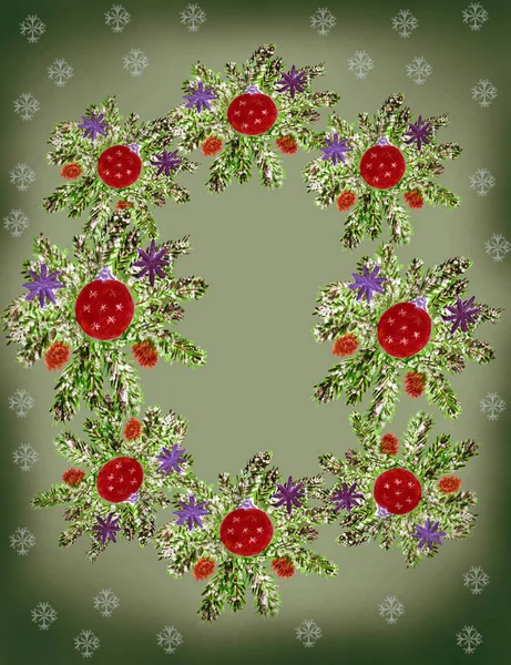 On a light green background is a Christmas wreath of pine green branches with snow. On the branches are cones, red balls and purple flowers. Along the edges of the background is dark green and snowflakes.