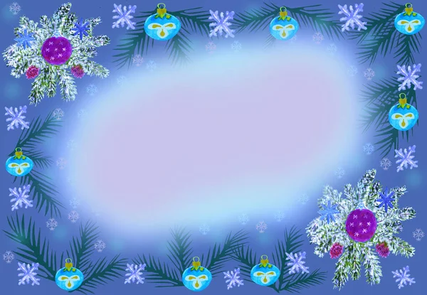 上部と下部の青の美しい背景には ライラックボールと青の花でクリスマスの曲と松の枝があります 背景の上下には青とボールの松の緑の枝で飾られています どこでも ロイヤリティフリーのストック画像