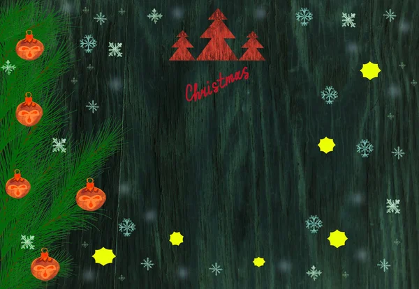 Topları olan yeşil çam dalları eski ahşap bir arka planda düzenlenmiştir. Yukarıdaki merkezde üç küçük Noel ağacı ve bir Noel yazısı var. Altında ve kenarında parlak yıldızlar ve kar taneleri var..