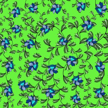 Açık yeşil arka planda bulunan yapraklı ve mavi çiçekli kusursuz dallar..