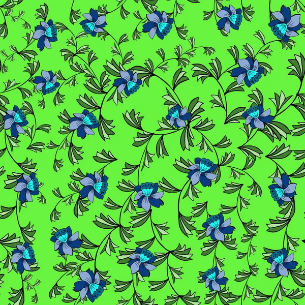 Açık yeşil arka planda bulunan yapraklı ve mavi çiçekli kusursuz dallar..