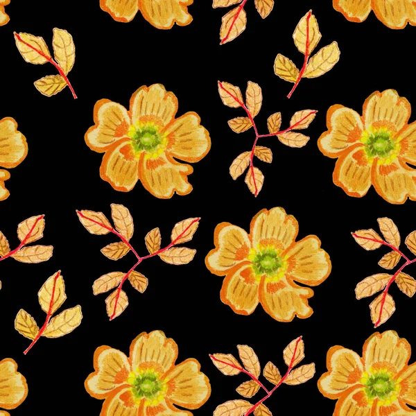 Czarnym Tle Znajdują Się Akwarelowe Żółte Kwiaty Liście Czerwonymi Gałęziami — Zdjęcie stockowe