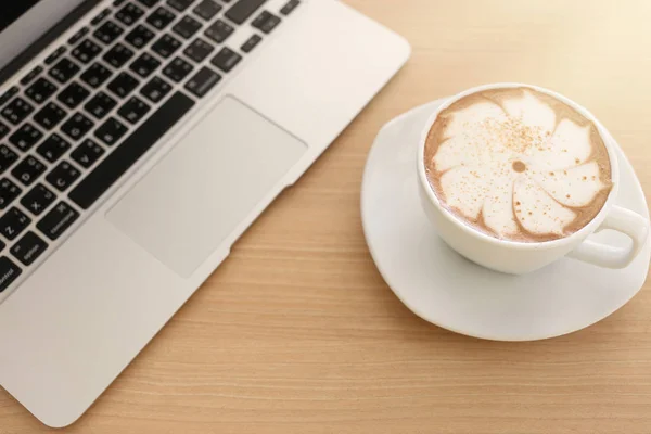 Laptop Wooden Table Coffee Cup Top View — Stock Photo, Image