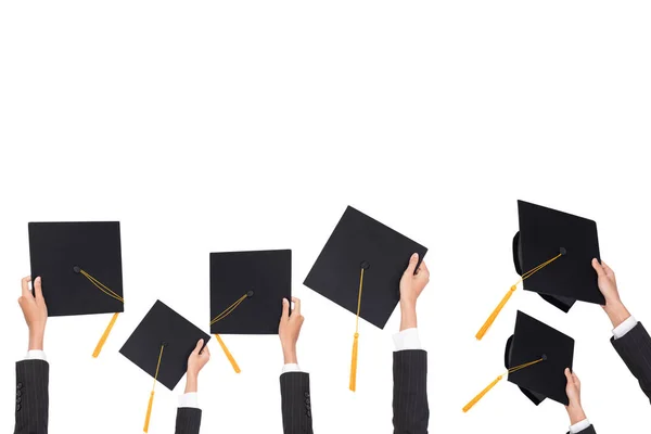Graduation Holds Black Hat Yellow Tassel White Isolated Background — Stock Photo, Image