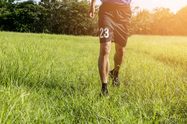 Men Wear Blue Robes Black Pants Run Green Forest Park — Stock Photo, Image