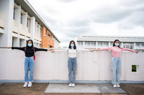 Female Students Stand Social Distances University — Stock Photo, Image