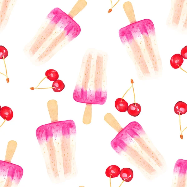 Cherry Ice Cream Seamless Watercolor Pattern — Stock Photo, Image
