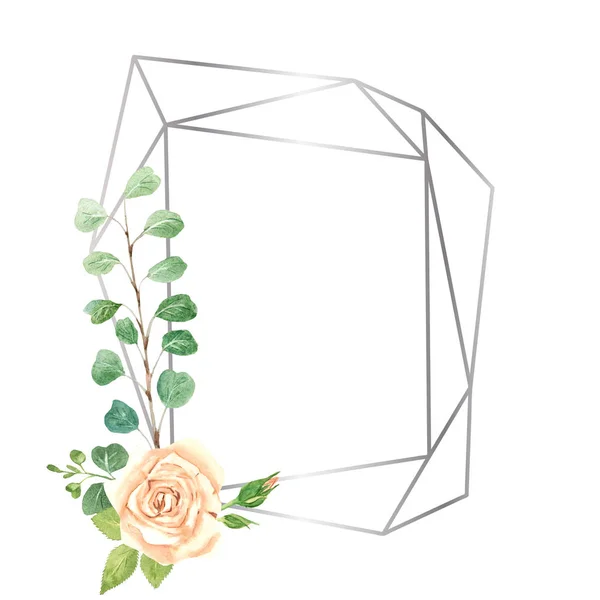 Moldura de geometria de prata com flor — Fotografia de Stock