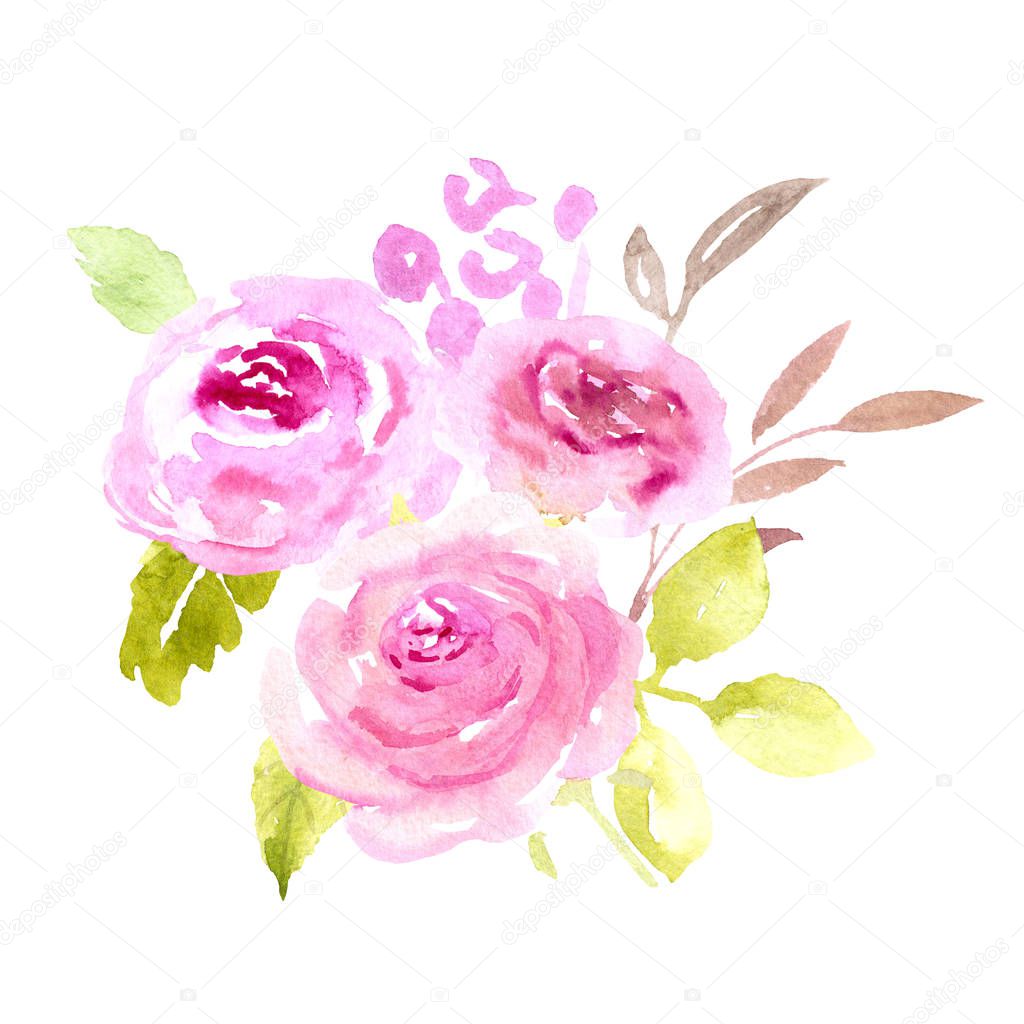 Pink Watercolor roses bouquet illustration