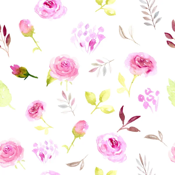 Seamless pattern pink watercolor flowers