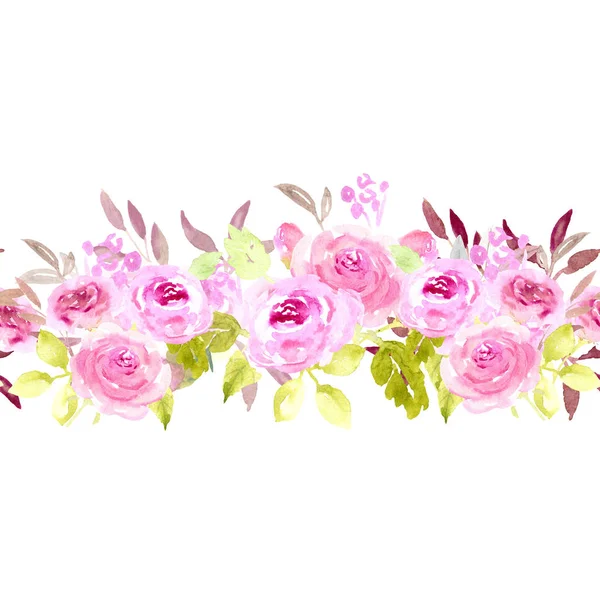 水彩粉红玫瑰无缝边框 — 图库照片