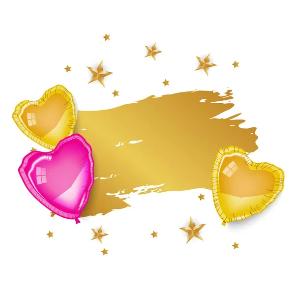 ピンクとゴールドのハート風船、ロマンチックな背景 — ストックベクタ