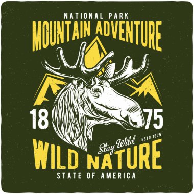 Geyik kafası gösterimi ile T-shirt veya poster tasarım. Metin kompozisyonu ile tasarım.