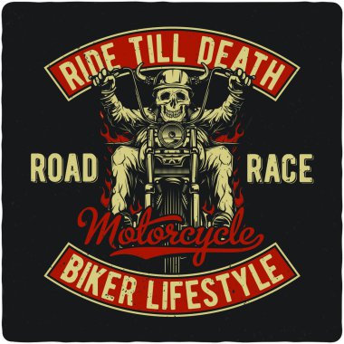 Motorcu motosiklet üzerinde gösterimi ile T-shirt veya poster tasarım. Metin kompozisyonu ile tasarım.