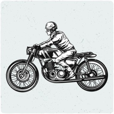 Motorcu motosiklet. Siyah beyaz resim. Grunge gürültü ve çerçeve ile hafif backgrond izole.