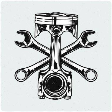 Motosiklet piston ve anahtarları. Siyah beyaz resim. Grunge gürültü ve çerçeve ile hafif backgrond izole.