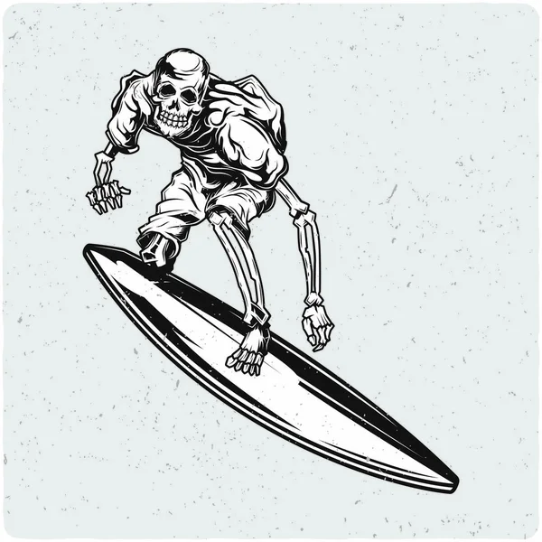 サーフィン ボードのスケルトン 黒と白のイラスト 光ポグロム グランジ ノイズとフレームの分離 — ストックベクタ