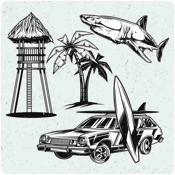 Surf Set Ilustración Blanco Negro Aislado Backgrond Ligero Con Ruido — Vector de stock