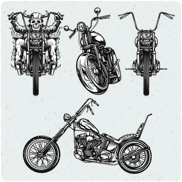Motorcycles set. Black and white illustration. Isolated on light backgrond with grunge noise and frame.
