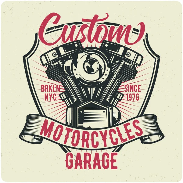 T恤或海报设计与摩托车发动机的插图 使用文本组合设计 — 图库矢量图片