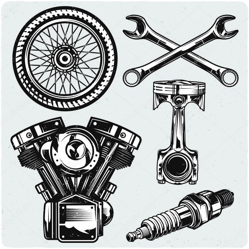 Motorcycle parts set. Black and white illustration. Isolated on light backgrond with grunge noise and frame.