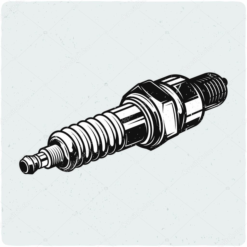 Motorcycle spark plug. Black and white illustration. Isolated on light backgrond with grunge noise and frame.