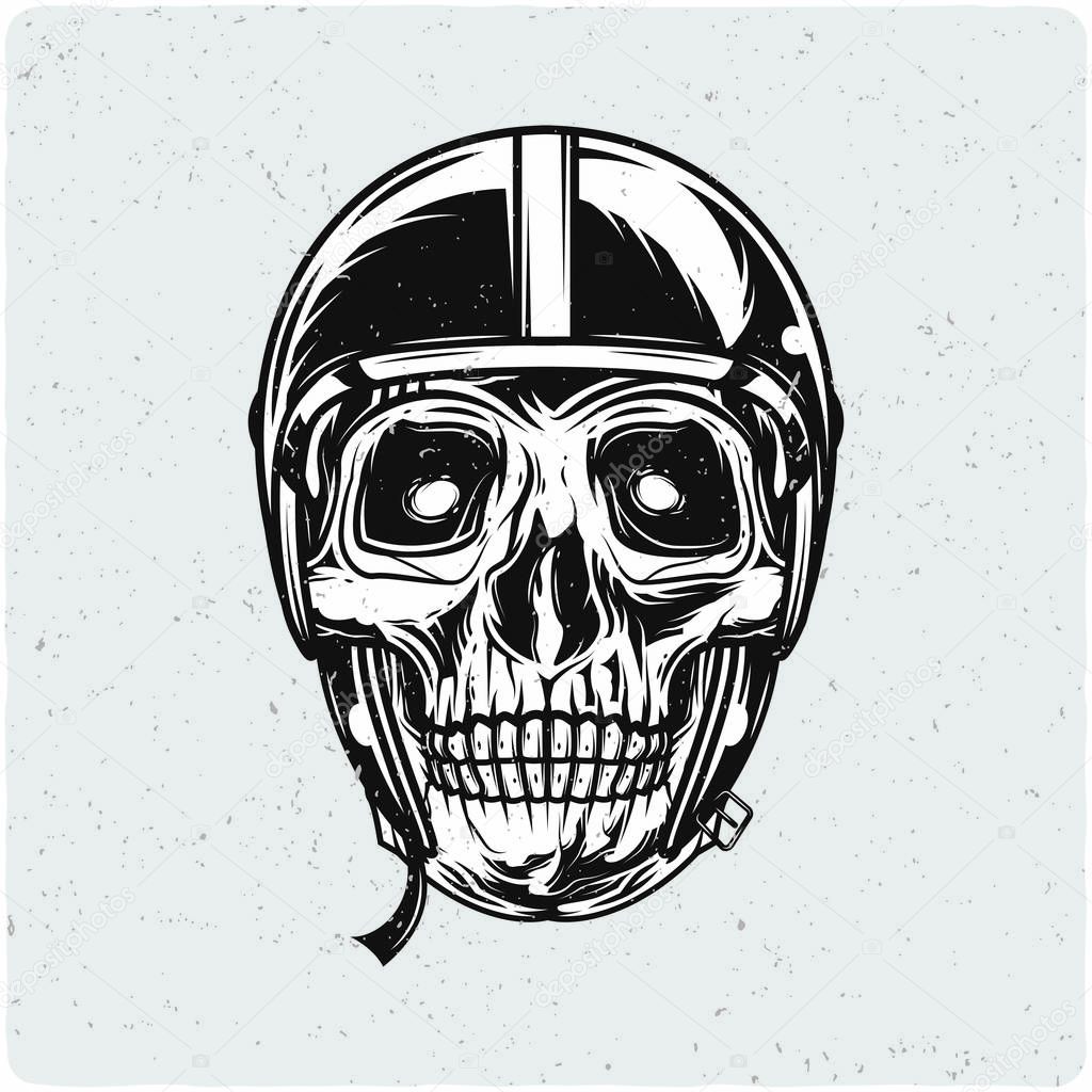 Motorcycle biker's skull. Black and white illustration. Isolated on light backgrond with grunge noise and frame.