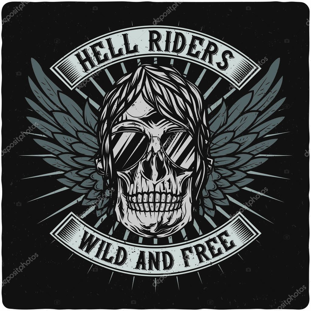T-shirt or poster design with illustration of motorcycle biker's skull. Design with text composition.