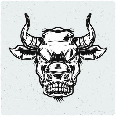 Bull's head. Siyah beyaz resim. Grunge gürültü ve çerçeve ile hafif backgrond izole.