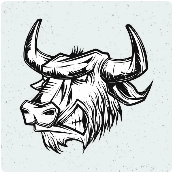Bull Head Black White Illustration Isolated Light Backgrond Grunge Noise — Stock Vector