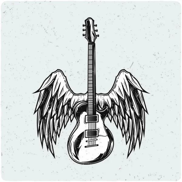 Gitarre Und Flügel Schwarz Weiß Illustration Isoliert Auf Hellem Backgrond — Stockvektor