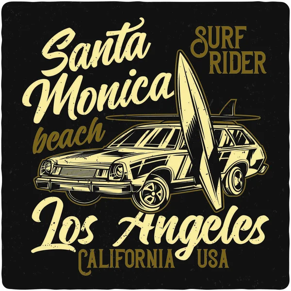Shirt Poster Con Illustrazione Auto Tavole Surf Design Con Composizione — Vettoriale Stock