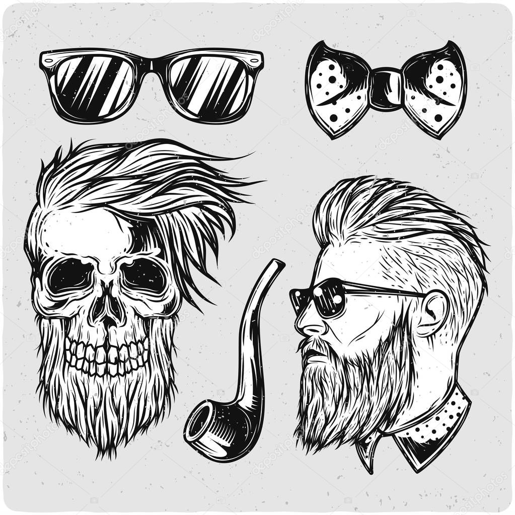 Hipster set. Black and white illustration. Isolated on light backgrond with grunge noise and frame.