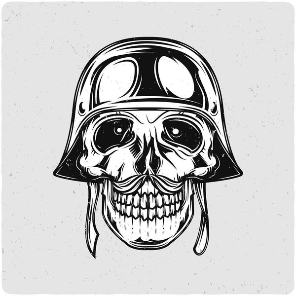 Soldier's skull in helmet. Black and white illustration. Isolated on light backgrond with grunge noise and frame.