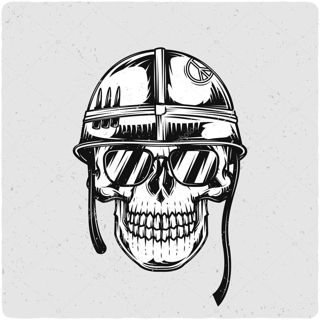 Soldier's skull in helmet. Black and white illustration. Isolated on light backgrond with grunge noise and frame.