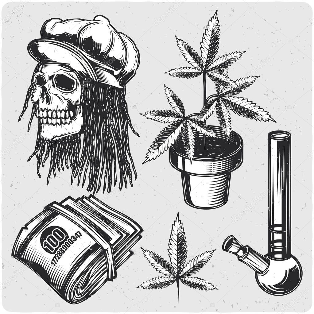 Cannabis set. Black and white illustration. Isolated on light backgrond with grunge noise and frame.