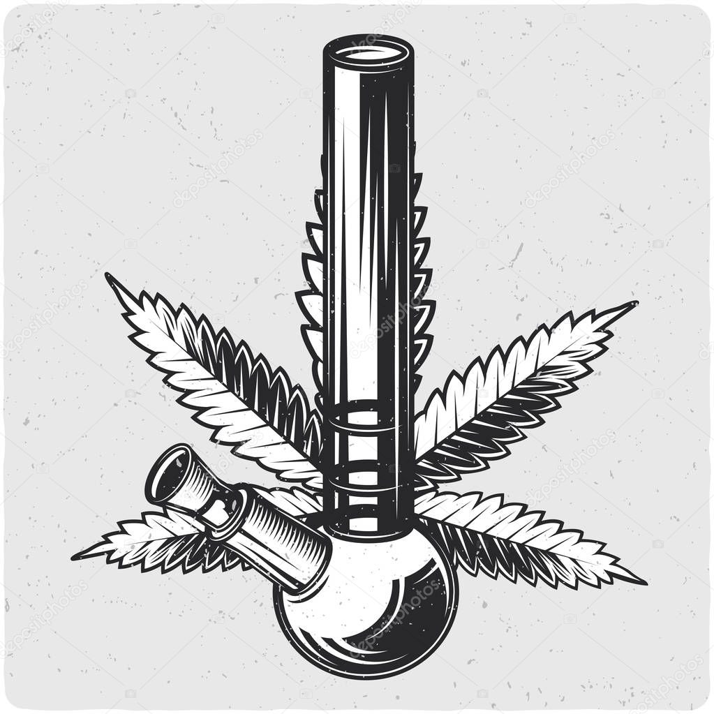 Cannabis and a bong. Black and white illustration. Isolated on light backgrond with grunge noise and frame.