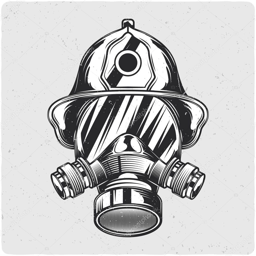 Firefighter's head. Black and white illustration. Isolated on light backgrond with grunge noise and frame.