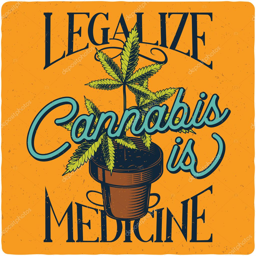 T-shirt or poster design with illustration of Cannabis in a pot. Label design with text composition.