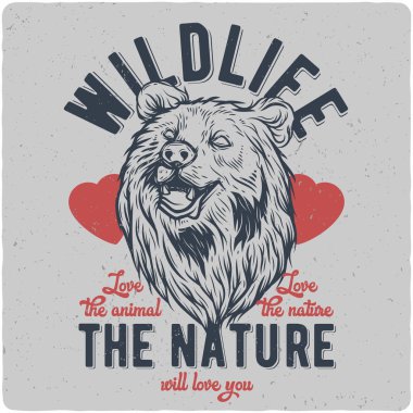 Ayı kafa çizimi ile T-shirt veya poster tasarım. Etiket tasarımı ile metin oluşturma.